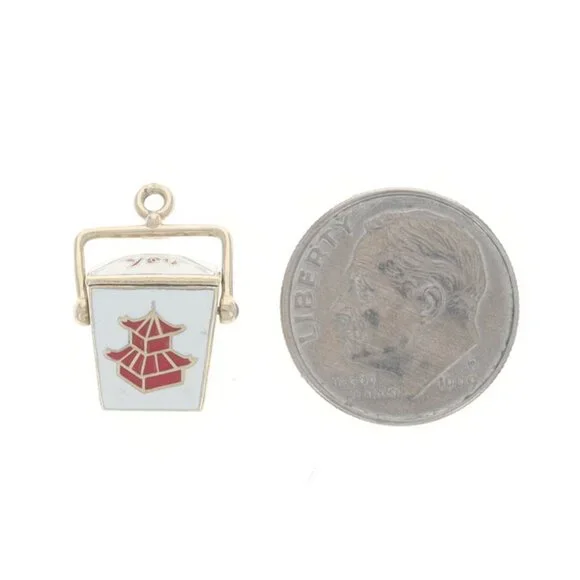Yellow Gold Chinese Food Takeout Box Charm - 14k White & Red Enamel Moves